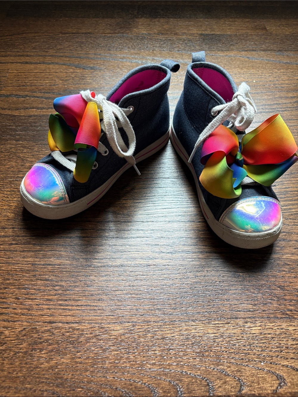 JoJo Siwa Navy High-Top Sneakers with Rainbow Bows and Iridescent Toecaps